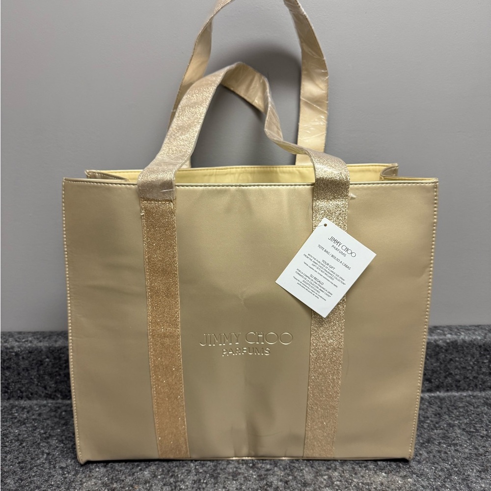 NWT Jimmy Choo Parfums Gold Large Tote Shoulder Bag Emboss LOGO Glitter Shimmer